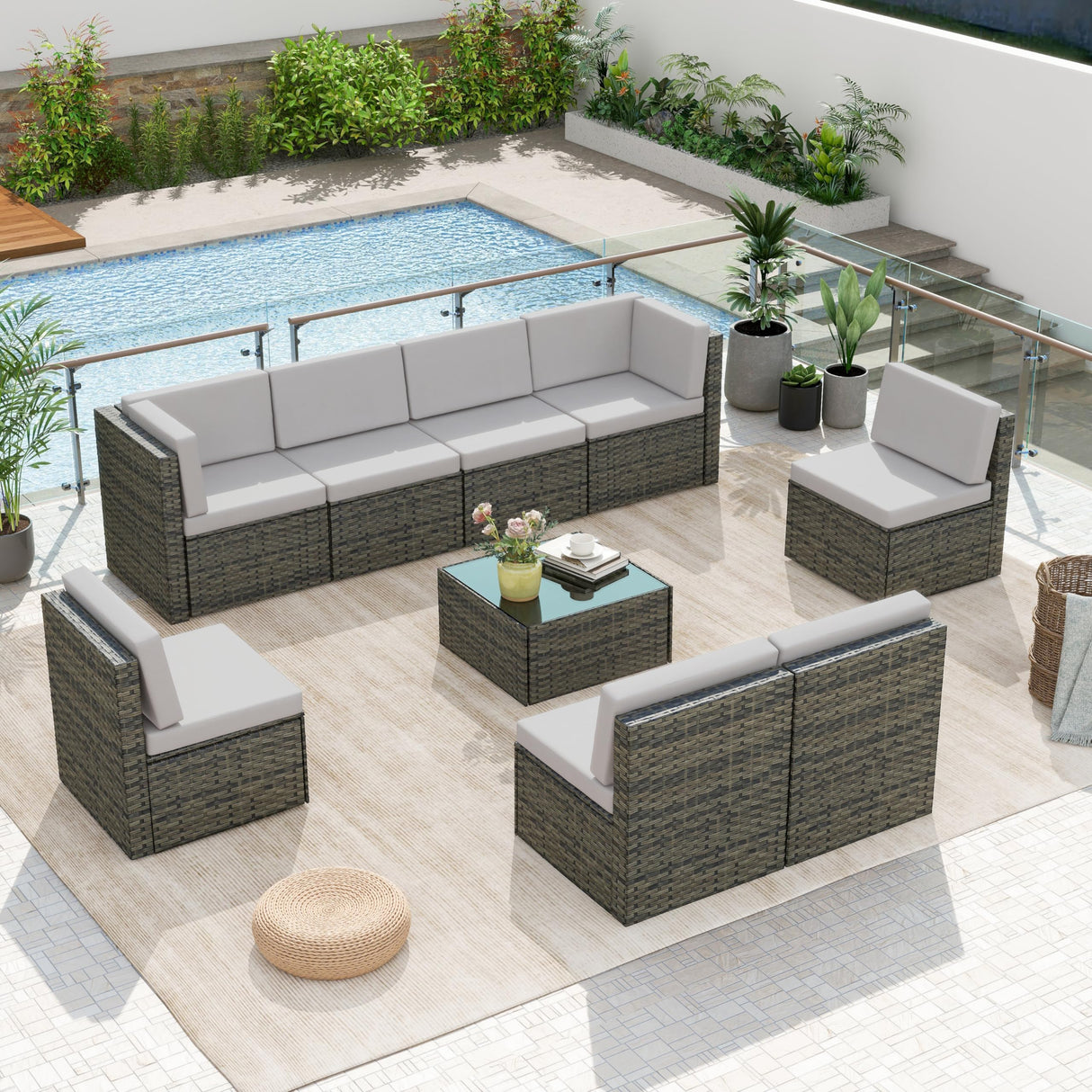 UIXE Outdoor Patio Furniture Sets with Propane Fire Pit Table, 10 Pieces Wicker Patio Sectional Sofa Lounge Couch Seating PE Rattan Conversation Set Includes 45" Gas Fire Table, Light Gray UIXE