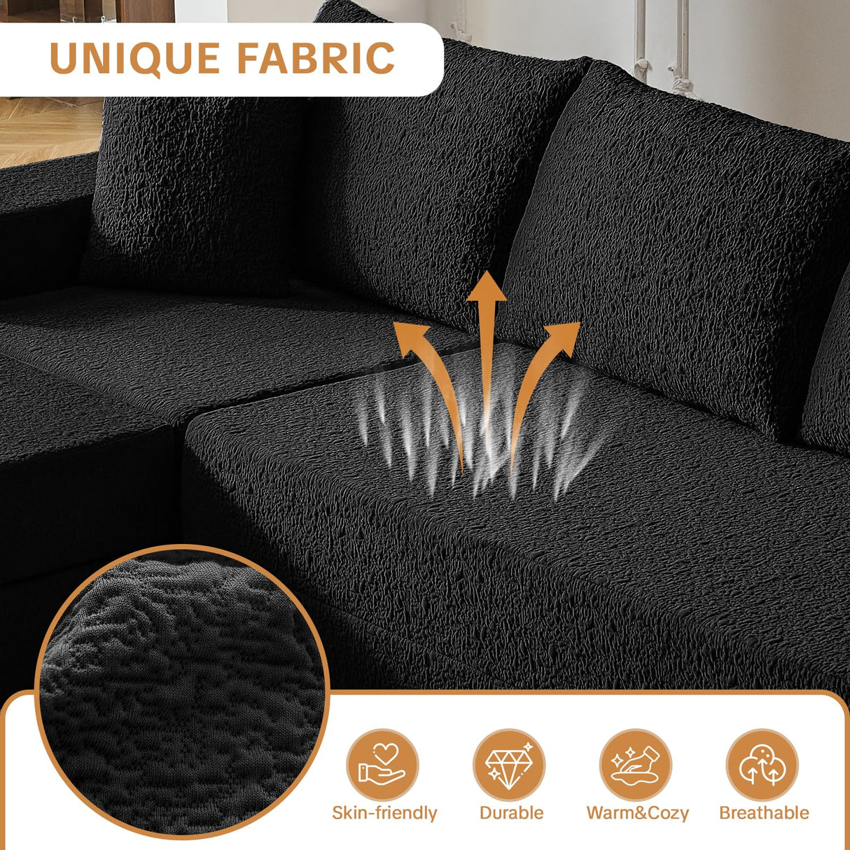 108" Modular Sectional Cloud Sofa - Boneless Couch with Deep Seat, Non Slip Base, Folding Sofa Sectional Couches for Living Room, Cozy Modular Couch with L-Shape Chaise, No Assembly Required, Black CozyMine