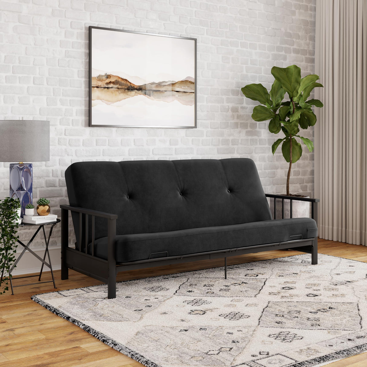 DHP Harlow Metal Arm Futon, Full Size Black Frame with 6" Grey Microfiber Mattress DHP