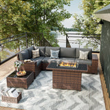 UDPATIO Patio Furniture Set with Fire Pit Table, 8 Inch Armrest Outdoor Sectional Sofa, 7 Piece Wicker Outdoor Furniture Conversation Sets with Waterproof Cover for Backyard Deck(Brown/Dark Grey) UDPATIO