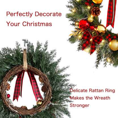 Christmas Wreath with Lights 20 Inch Pre-Lit Christmas Door Wreath for Front Door with Red Plaid Bow and Ball Ornaments, Battery Operated Timer 40 LED Lights, Holiday Decoration for Fireplace Xmas