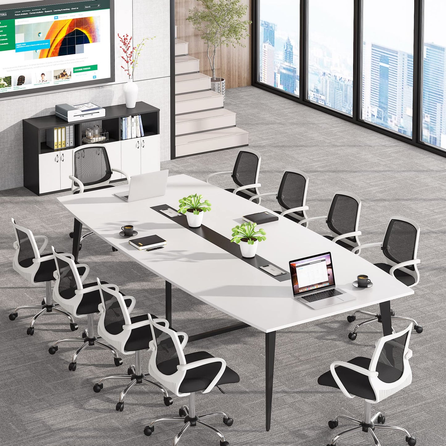 Tribesigns 8FT Conference Table, 94.48L x 47.24W x 29.52H Inches Large Boat Shaped Meeting Seminar Table with Cable Grommets, Modern Conference Room Table for Office - WoodArtSupply