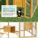 Lovinouse Extra Large Wooden Outdoor Cat House, 57ft² Cat Run Enclosure Walk in Catio Kitten Condo with Enter Door, 2 Doors, 2 Playpen & Hiding Houses, Bridges, Walks, Roof Cover, Golden Yellow Lovinouse