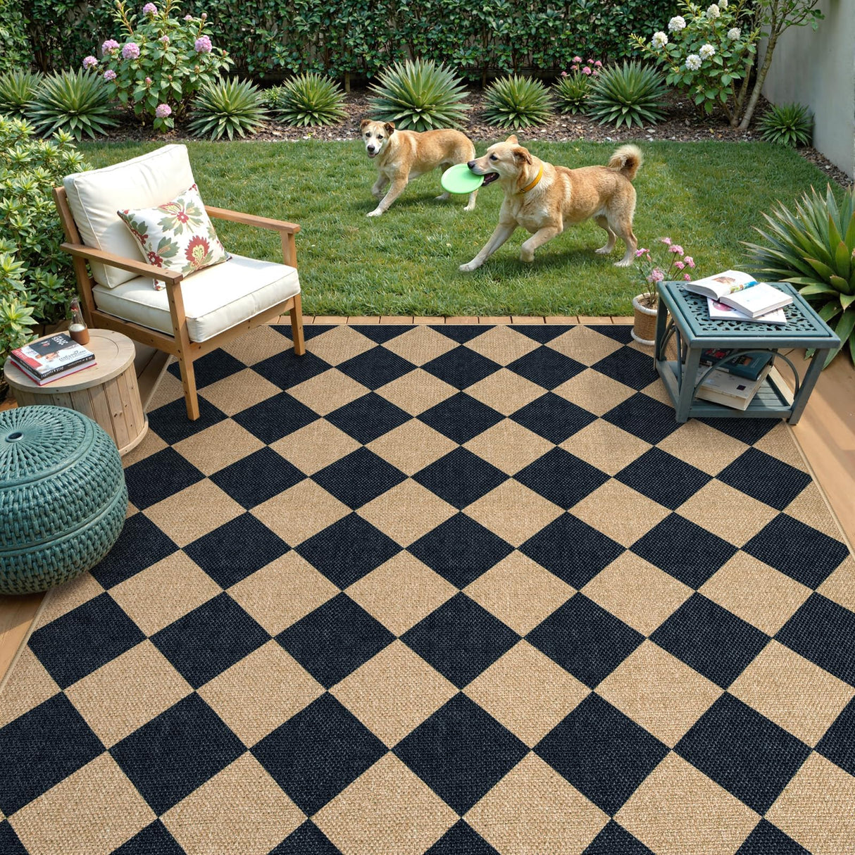 Lahome Checkered Easy Jute 5x7 Area Rugs, Washable Outdoor Patio Rug for Living Room Diamond Indoor Outdoor Carpet, Farmhouse Geometric Non Slip Black Carpet for Backyard Dining Room Lahome