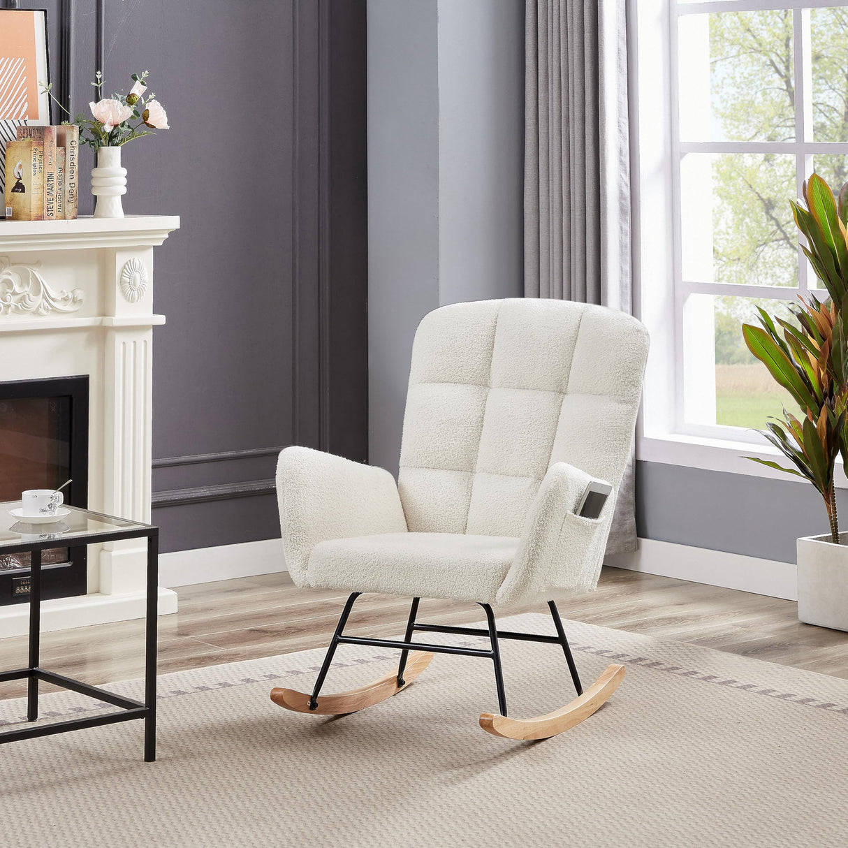 oaaktu Rocking Chair for Nursery, Upholstered Glider with High Backrest, Nursery Rocker Comfortable Stylish Accent Armchair for Living Rooms Bedrooms Offices (Beige Teddy) oaaktu