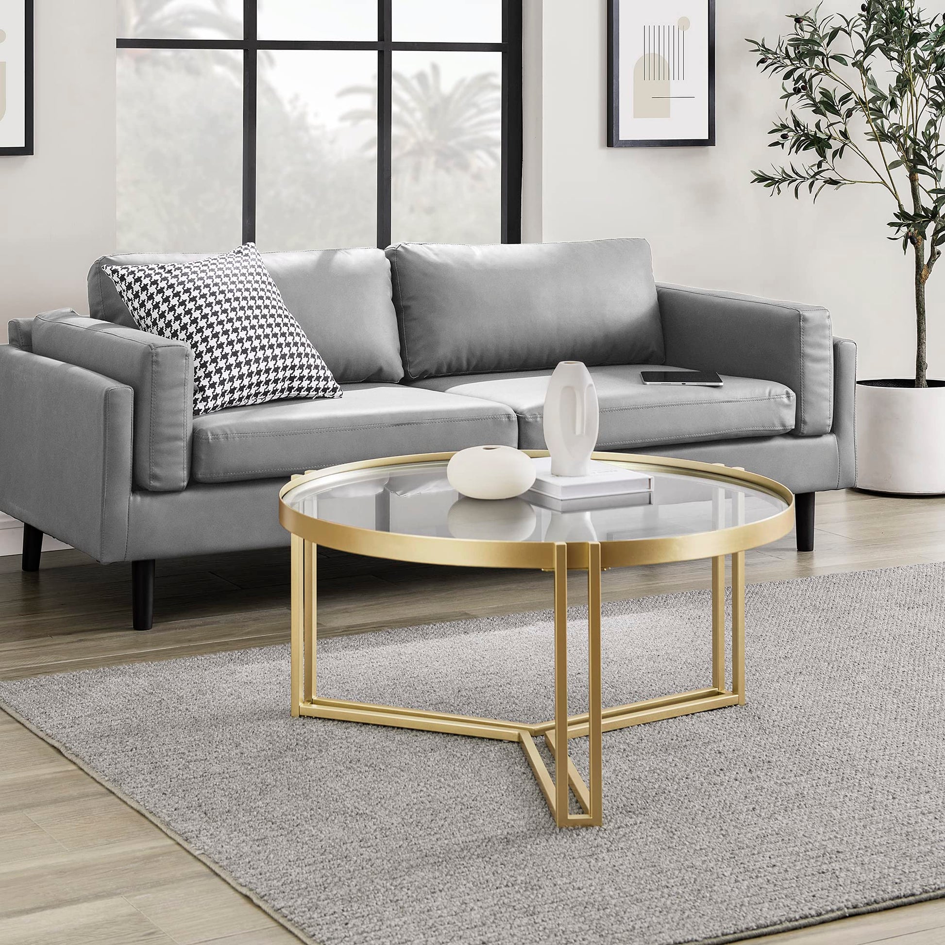 Walker Edison Taylee Contemporary Metal and Glass Coffee Table, 33 Inch, Gold - WoodArtSupply