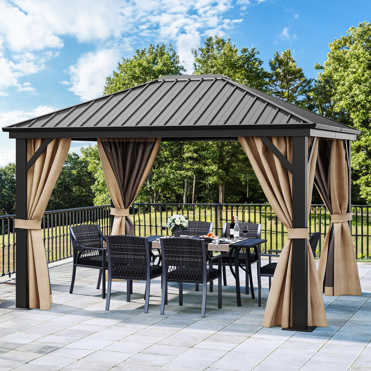 YITAHOME 10x12ft Hardtop Gazebo with Nettings and Curtains, Heavy Duty Galvanized Steel Outdoor Vertical Stripes Roof for Patio, Backyard, Deck, Lawns, Brown YITAHOME