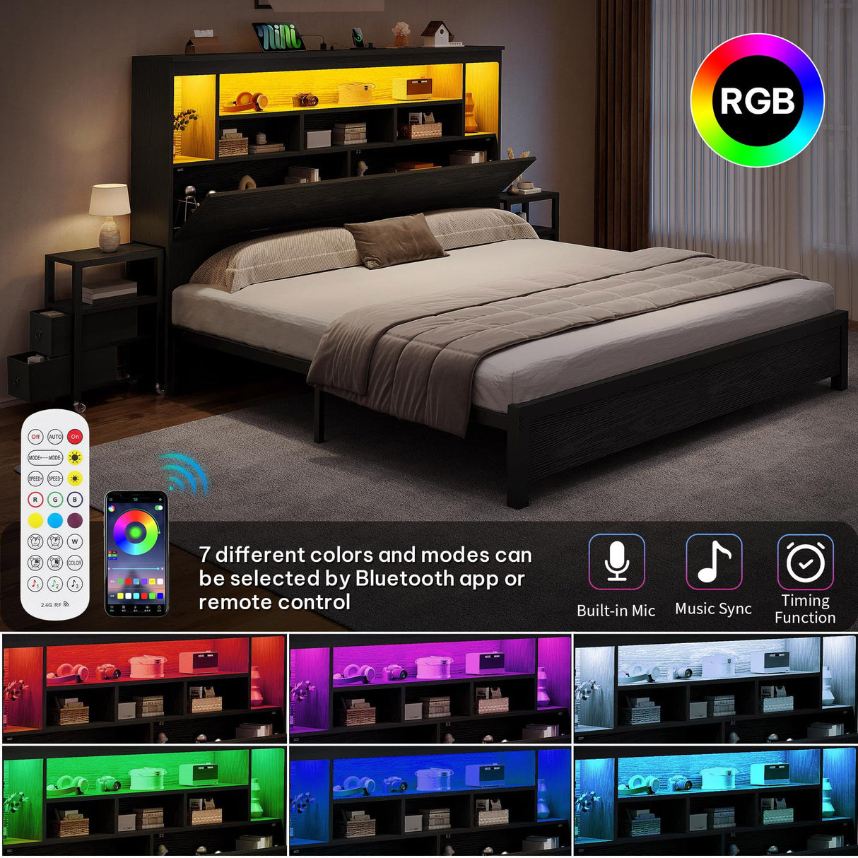 YITAHOME Queen Size Bed Frame with Storage Bookcase Headboard & LED Lights, Slide Out Bedside Storage, Charging Station, Heavy Duty Metal Slats, No Box Spring Needed, Noise-Free, Easy Assembly, Black YITAHOME