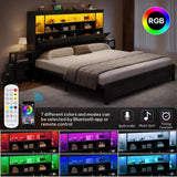 YITAHOME Queen Size Bed Frame with Storage Bookcase Headboard & LED Lights, Slide Out Bedside Storage, Charging Station, Heavy Duty Metal Slats, No Box Spring Needed, Noise-Free, Easy Assembly, Black YITAHOME