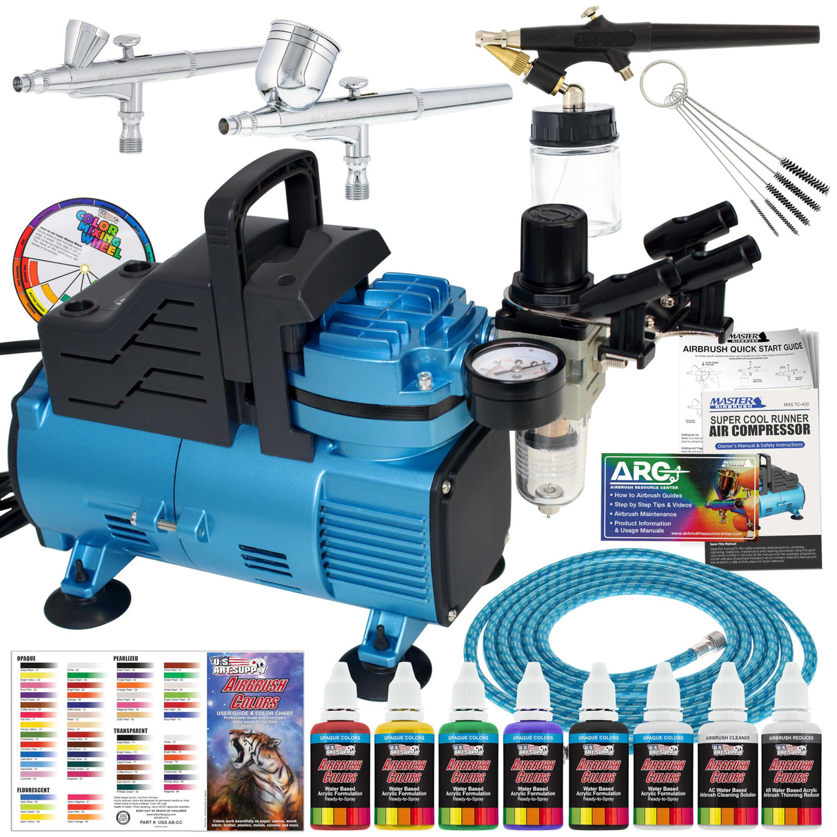 Master Airbrush Cool Runner Dual Fan Air Compressor Professional Airbrushing System Kit with 3 Airbrushes, Gravity & Siphon Feed - 6 Primary Opaque Colors Acrylic Paint Artist Set, Hose & Holder Master Airbrush