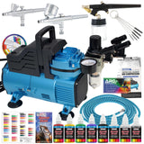 Master Airbrush Cool Runner Dual Fan Air Compressor Professional Airbrushing System Kit with 3 Airbrushes, Gravity & Siphon Feed - 6 Primary Opaque Colors Acrylic Paint Artist Set, Hose & Holder Master Airbrush