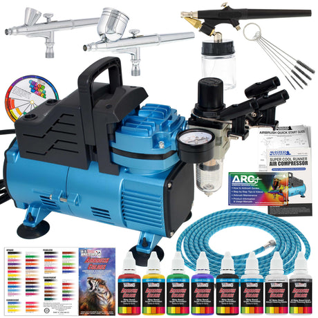 Master Airbrush Cool Runner Dual Fan Air Compressor Professional Airbrushing System Kit with 3 Airbrushes, Gravity & Siphon Feed - 6 Primary Opaque Colors Acrylic Paint Artist Set, Hose & Holder Master Airbrush