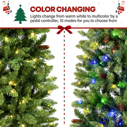 VIVATREES 9ft Prelit Pencil Christmas Tree with 350 Multicolor LED Lights, Artificial Green Slim Christmas Tree with 1308 PVC Branch Tips, Metal Stand and Hinged Branches, 10 Color Modes