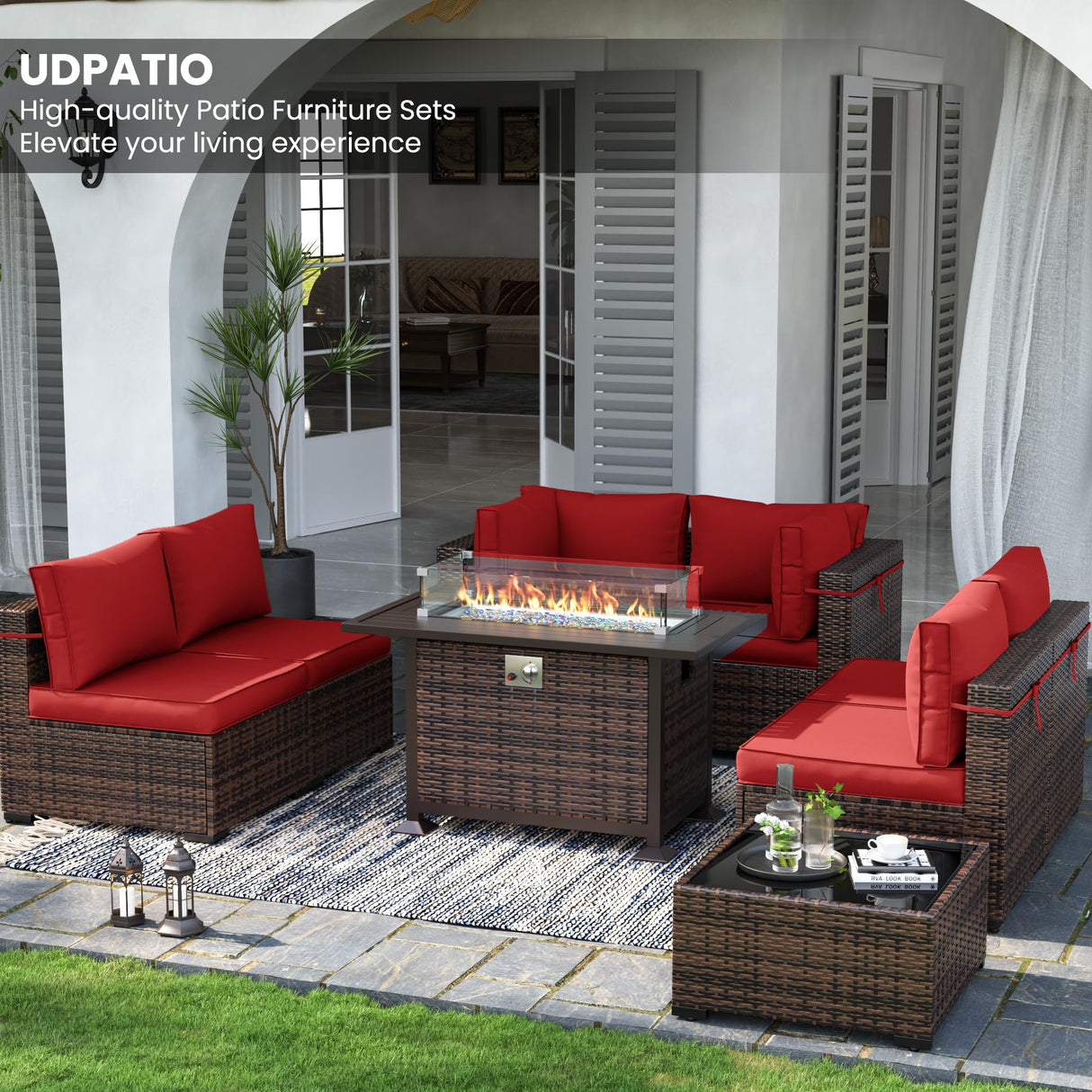 UDPATIO Patio Furniture Sets with Fire Pit Table, Modular Rattan Outdoor Conversation Patio Sectional Furniture Sofa Set for Backyard, Deck w/Coffee Table, 8PC Brown/Red (Include Sofa Cover) UDPATIO