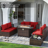 UDPATIO Patio Furniture Sets with Fire Pit Table, Modular Rattan Outdoor Conversation Patio Sectional Furniture Sofa Set for Backyard, Deck w/Coffee Table, 8PC Brown/Red (Include Sofa Cover) UDPATIO
