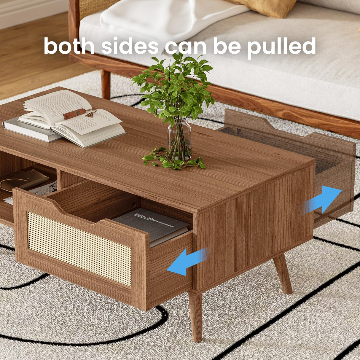 DIYART Brown Rattan Coffee table, Mid Century Modern with Drawer & Shelf, 39'' Wooden boho coffee table for Living Room DIYART