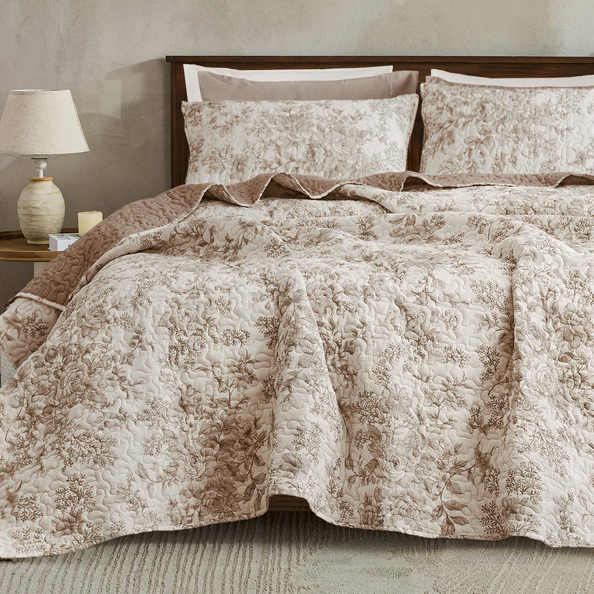 Wonderful Floral Cotton Quilt King Size Stitch Bedding Set, Taupe Lightweight Comforter Cabin Blanket Farmhouse Bedspread with Pillow Shams for All Season Wonderful