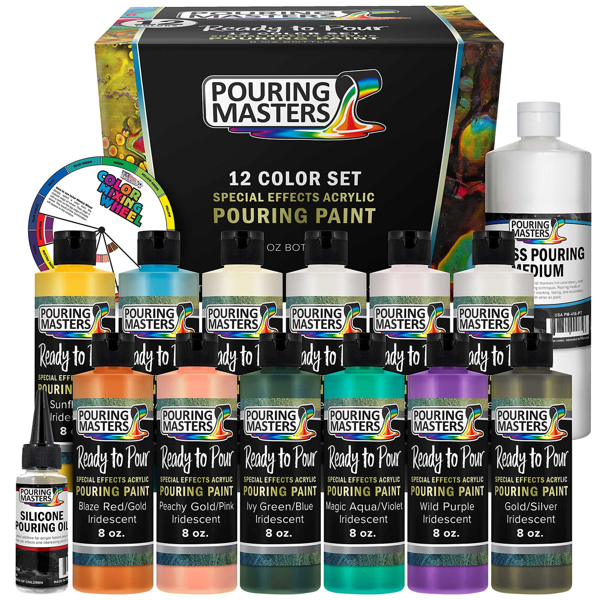 Pouring Masters 12-Color Ready-to-Pour Acrylic Iridescent Color Shifting Pouring Paint Set, with Silicone Oil & Gloss Medium, 8oz Bottles, Pour Paint Supplies for Canvas & Crafts U.S. Art Supply