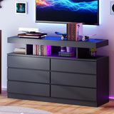 BEWISHOME Black Dresser for Bedroom with Charging Station and LED Lights, 6 Drawer Dresser Chests of Drawers, Wood Dressers for Closet, Modern Wide Dressers with Open Space, TV Stand, Black KCG02B BEWISHOME