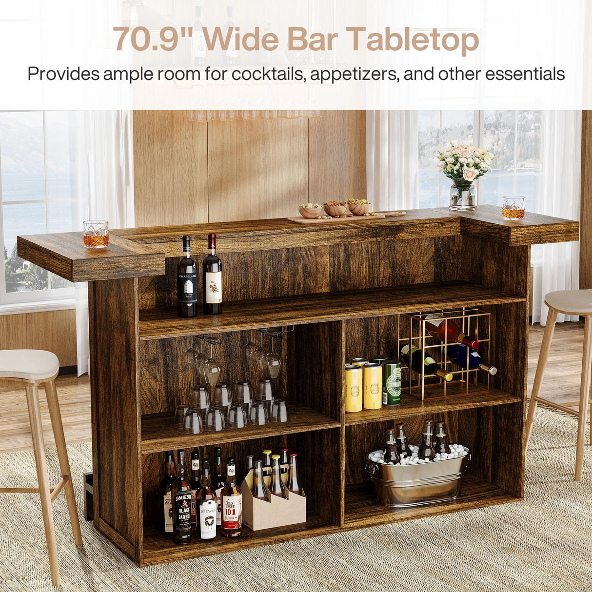 Tribesigns 4-Tier Bar Table, 70.9-Inch Large Wood Home Bar Unit with Wine Glass Holder and Black Footrest, Pub Table with Storage Shelves for Kitchen, Indoor, Brown Tribesigns