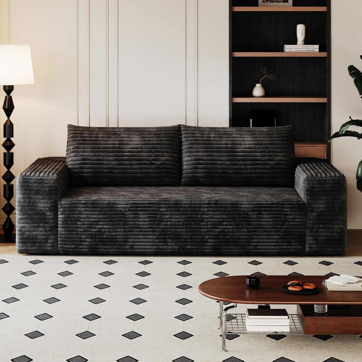 KIVENJAJA 63.04" Cloud Boneless Loveseat Sofa in a Box, Corduroy Compressed Sofa with 2 Pillows, 2 Seater Couch, Modern Comfy Boneless Couch for Living Room, Bedroom, Apartment, Black KIVENJAJA