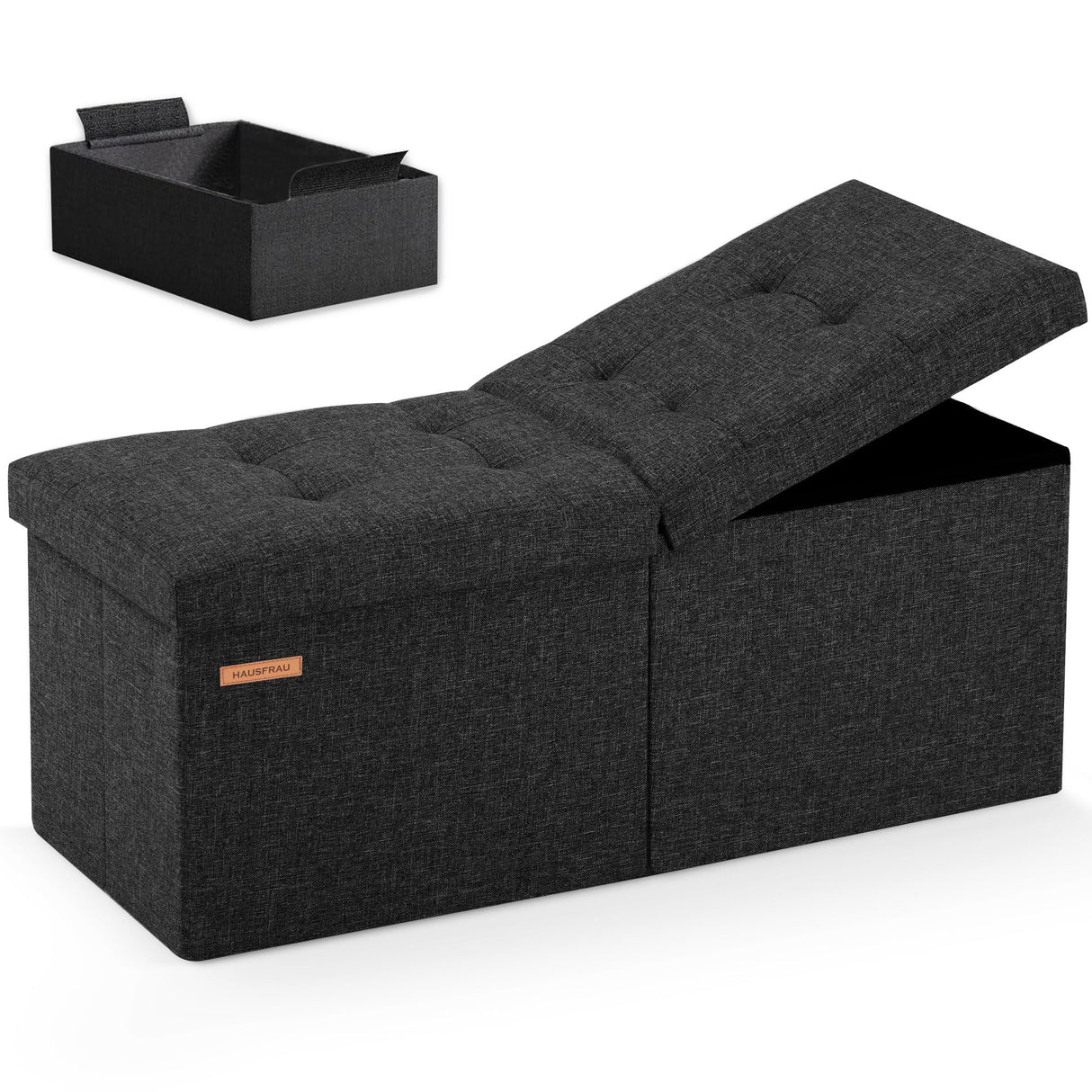 HAUSFRAU 31.5 Inches Ottoman with Storage, Folding Ottoman Bench Small Foot Rest Stool, Bedroom Bench with Flipping Lid, Linen Black HAUSFRAU