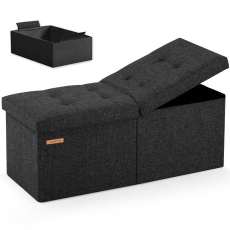 HAUSFRAU 31.5 Inches Ottoman with Storage, Folding Ottoman Bench Small Foot Rest Stool, Bedroom Bench with Flipping Lid, Linen Black HAUSFRAU