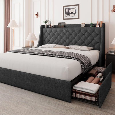 Feonase Queen Bed Frame with 4 Storage Drawers, Upholstered Storage Bed with Charging Station, Tufted Wingback Headboard, No Box Spring Needed, Dark Grey