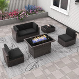 Vakollia 6 Pieces Patio Furniture Set with 44" Propane Gas Fire Pit Table, Outdoor Sectional Brown Rattan Wicker Conversation Sofa Sets with Coffee Table Vakollia