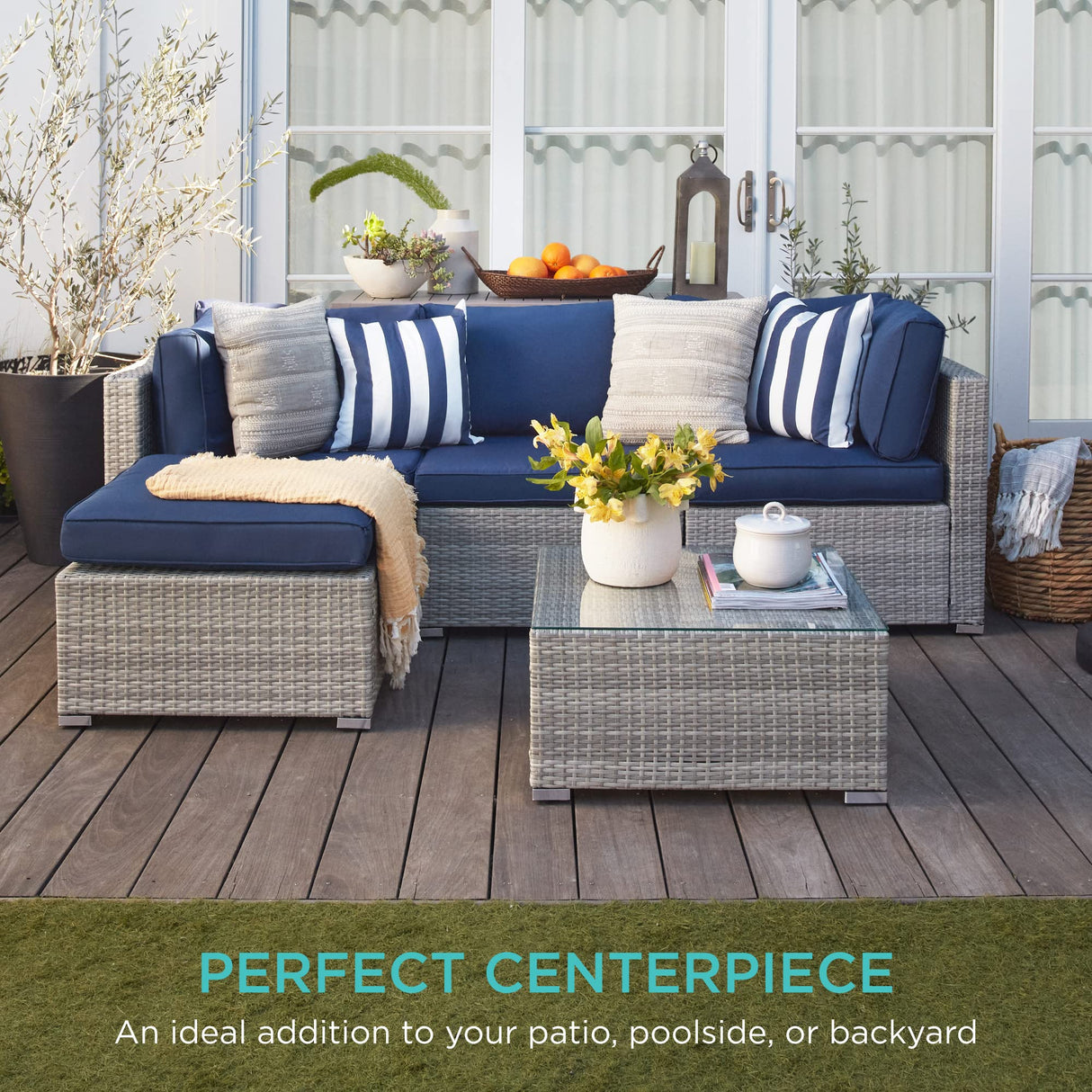 Best Choice Products 5-Piece Modular Conversation Set, Outdoor Sectional Wicker Furniture for Patio, Backyard, Garden w/ 3 Chairs, Ottoman Chair, 2 Pillows, 6 Seat Clips, Coffee Table - Gray/Navy Best Choice Products