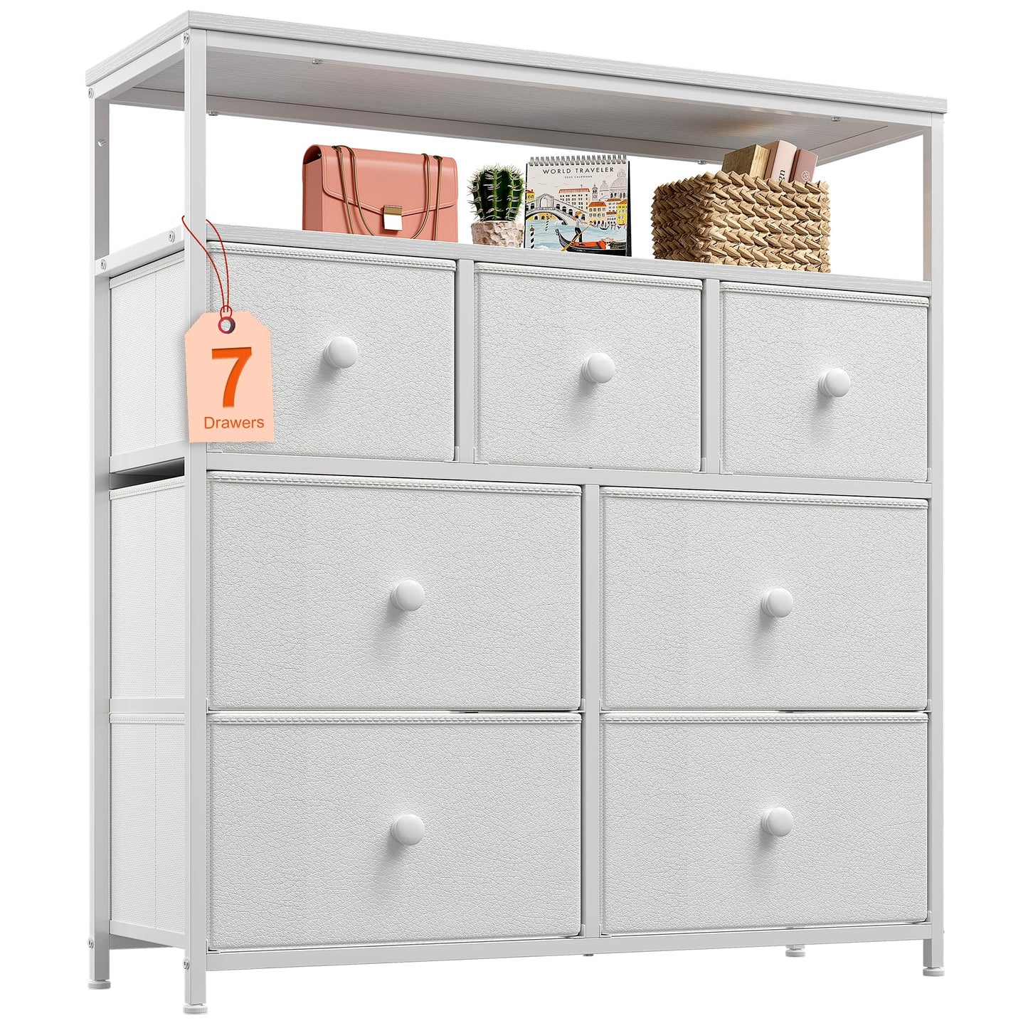 EnHomee White Dresser for Girls Bedroom with 7 Drawers and 2 Shelves, Girls Dresser with Wooden Top and Metal Frame, Cute Dressers & Chest of Drawers for Bedroom, Closets,Nursery,White