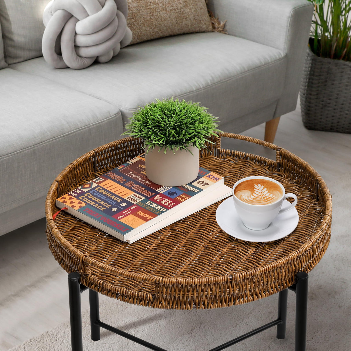 Small Wicker Round End Table, 16.5 in Rattan End Tables with Removable Tray, Waterproof Sofa Coffee Side Table, Indoor Outdoor Side Tables for Patio, Living Room Bedroom Office DINGTAI