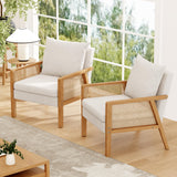 Awonde Ivory Accent Chair Linen Mid Century Modern Upholstered Living Room Chairs with Natural Rattan Arms Bedroom Reading Armchair Awonde