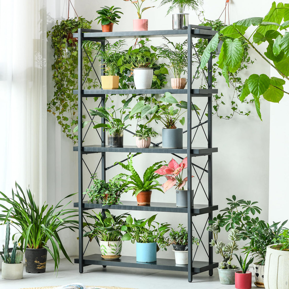 HCHQHS Bookshelf, 5-Tier Industrial Bookcase, Black Open Book Shelf, Freestanding Tall Bookshelves with Metal Frame HCHQHS