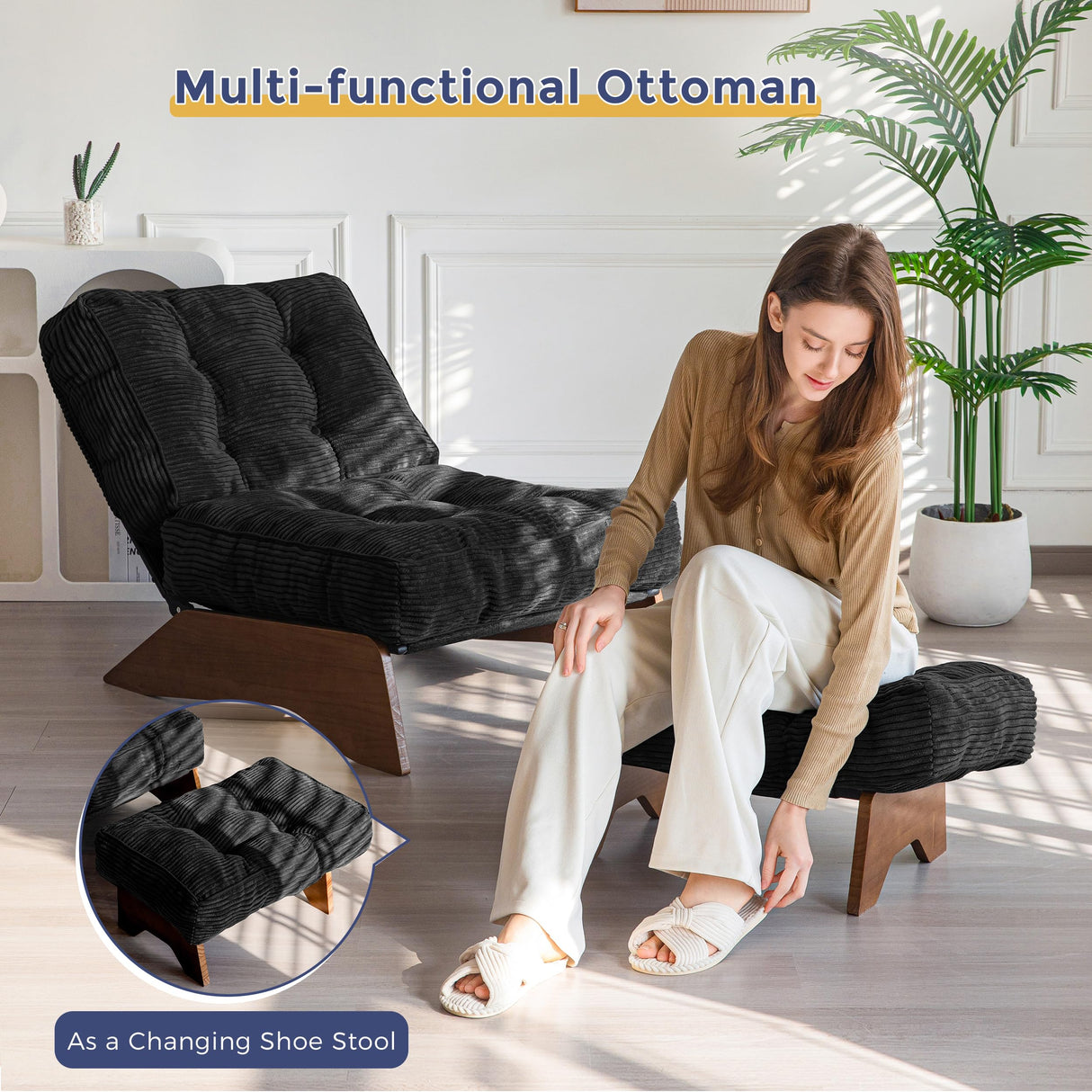 MAXYOYO Accent Chair with Ottoman Adjustable Backrest, Tufted Living Room Chair Upholstered Lounge Chair with Footrest Set, Modern Chair Cozy Reclining for Reading Room, Black MAXYOYO