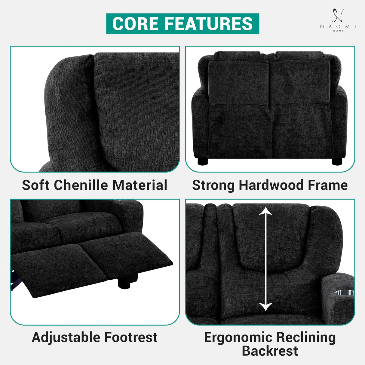 Naomi Home Suri Kids Recliner Loveseat with Cup Holders & Footrests, Black Chenille - Cozy 2-Seater Lounge for Children Naomi Home