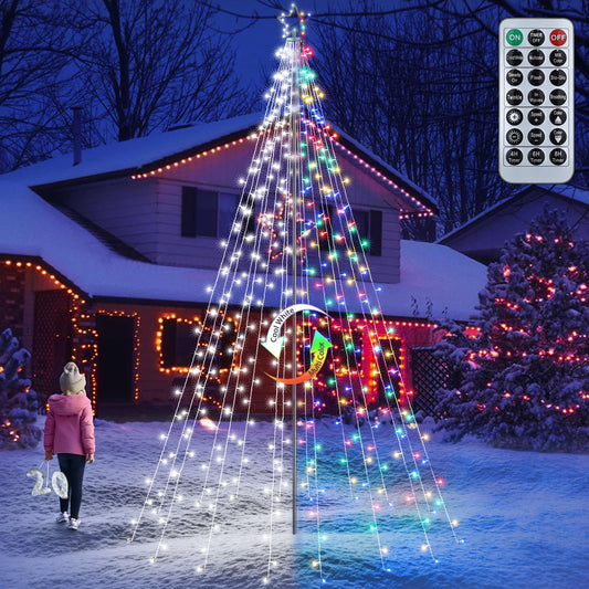 Lomotech Color Changing Christmas Tree Lights - 10Ft 404 LED with 7.08" Topper, Remote Controll Waterproof Iron Pole Waterfall Lights for Outdoor Christmas Decorations (White to Multicolor)