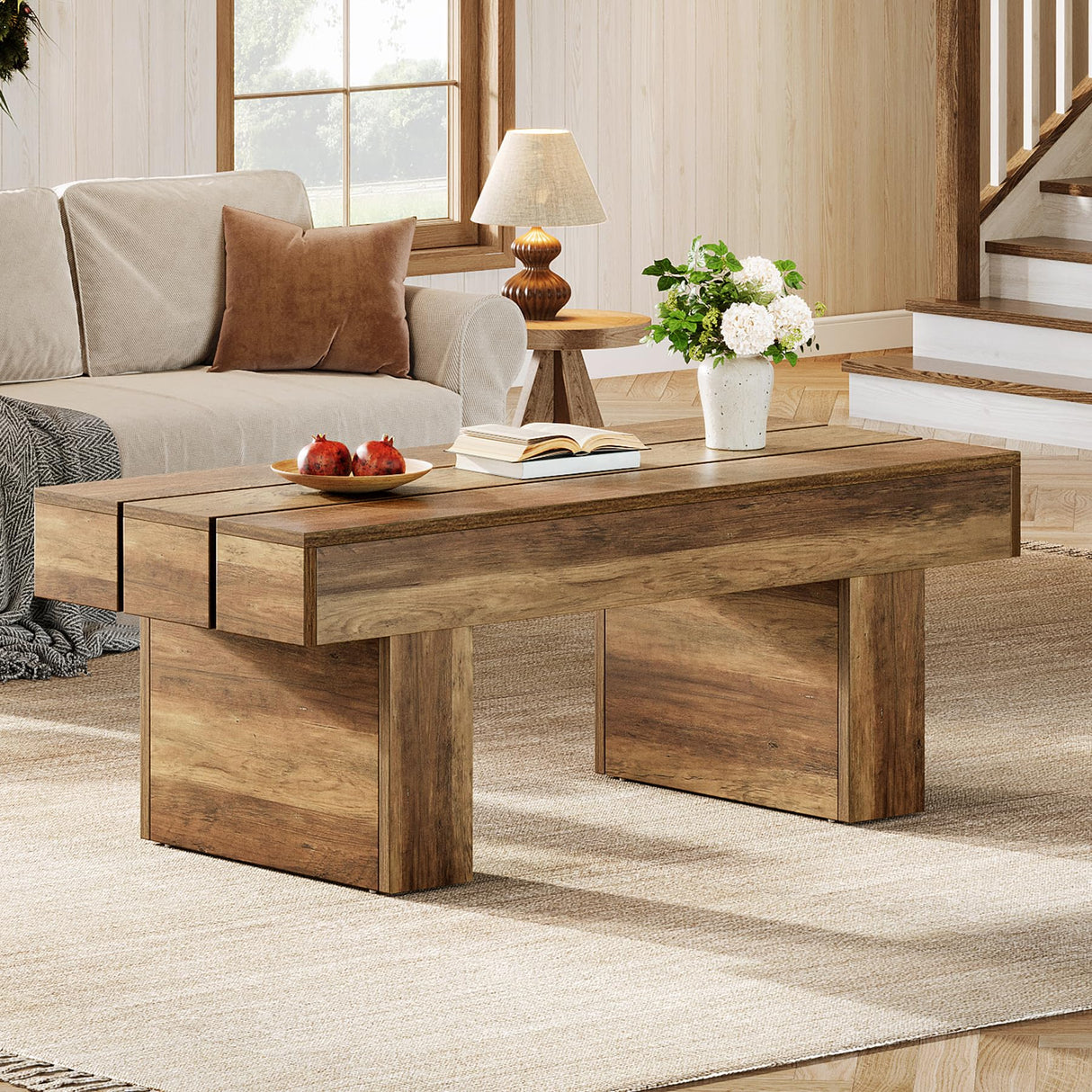 Tribesigns Rectangle Coffee Table, 47.24" Farmhouse Center Table with Slat Tabletop & Thick Base, Rustic Wooden Cocktail Tea Table for Living Room Apartment, Brown Tribesigns