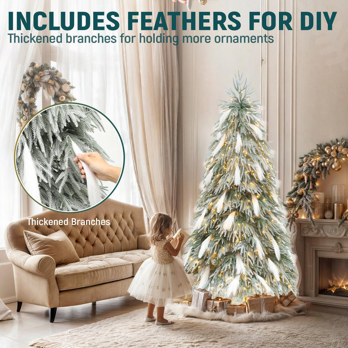 YITAHOME Pre-Lit Flocked Natural Drooping Pampas Christmas Tree, 6ft Snow Flocked Artificial Christmas Tree with 355 PE Branch Tips, 30 Feathers and 400 Lights for Home, Office, Party Decoration YITAHOME