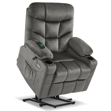 MCombo Power Lift Recliner Chair with Extended Footrest, 2 Cup Holders, USB Ports for Elderly People, Fabric 7286 (Grey) MCombo