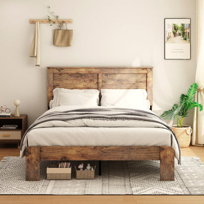 SAMTRA Rustic King Size Wooden Bed Frame with Headboard and Wood Slat Support - WoodArtSupply