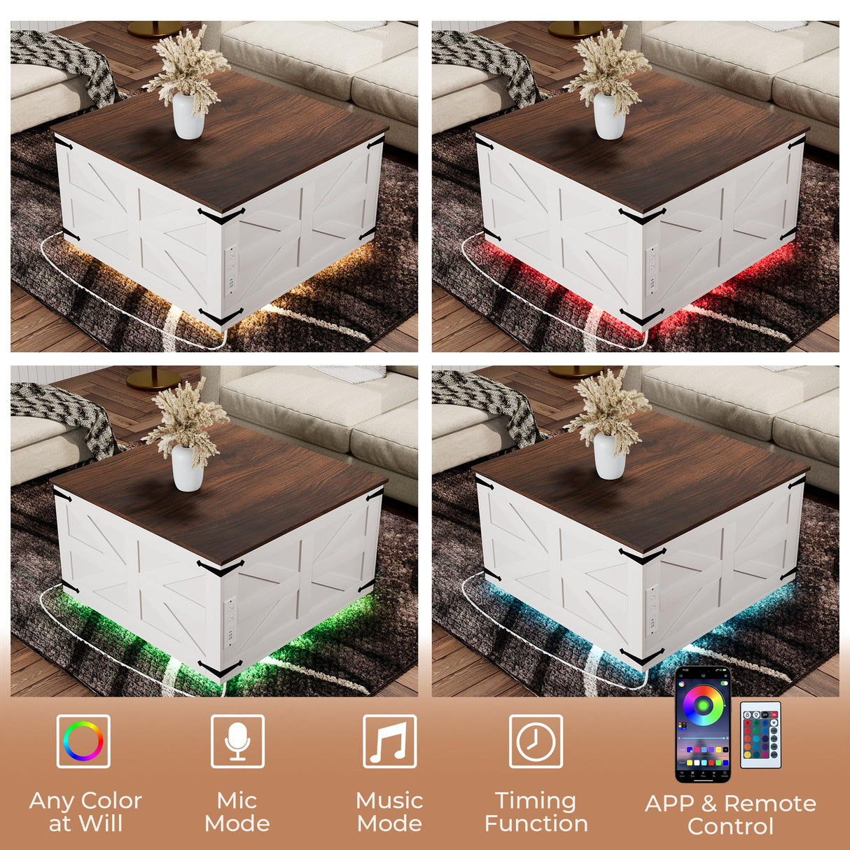 Lift Top Coffee Table with Storage Farmhouse Square Rustic Center Table for Living Room, LED Lights, Charging Station, Hinged Soft Close, Large Hidden Storage, Modern, Metal Corner, White Wood VVFLU