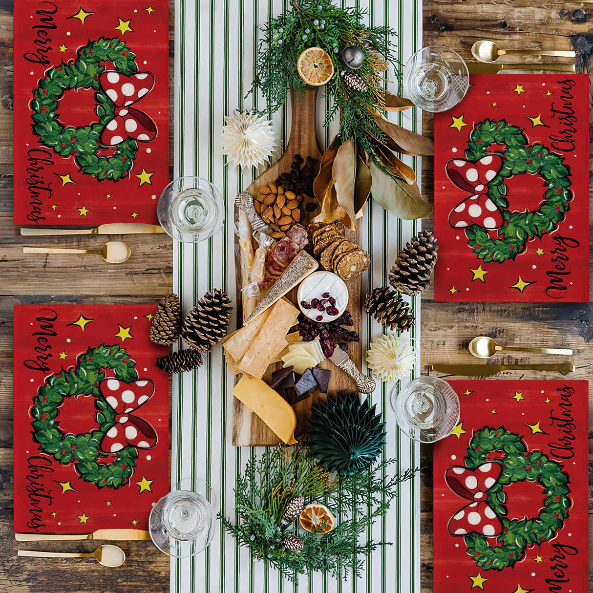Seliem Merry Christmas Wreath Placemats Set of 4, Xmas Polka Dot Bow Holly Berry Red Dining Table Place Mats, Winter Star Holiday Kitchen Decor Party Home Decoration 12 x 18 Inch Seliem
