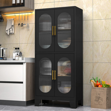 PAOFIN 61" Black Pantry Storage Cabinet, Kitchen Pantry Cabinet with Acrylic Glass Doors and Shelves, Kitchen Pantry with Adjustable Leveling Foot for Kitchen, Living Room and Dining Room. 61" PAOFIN
