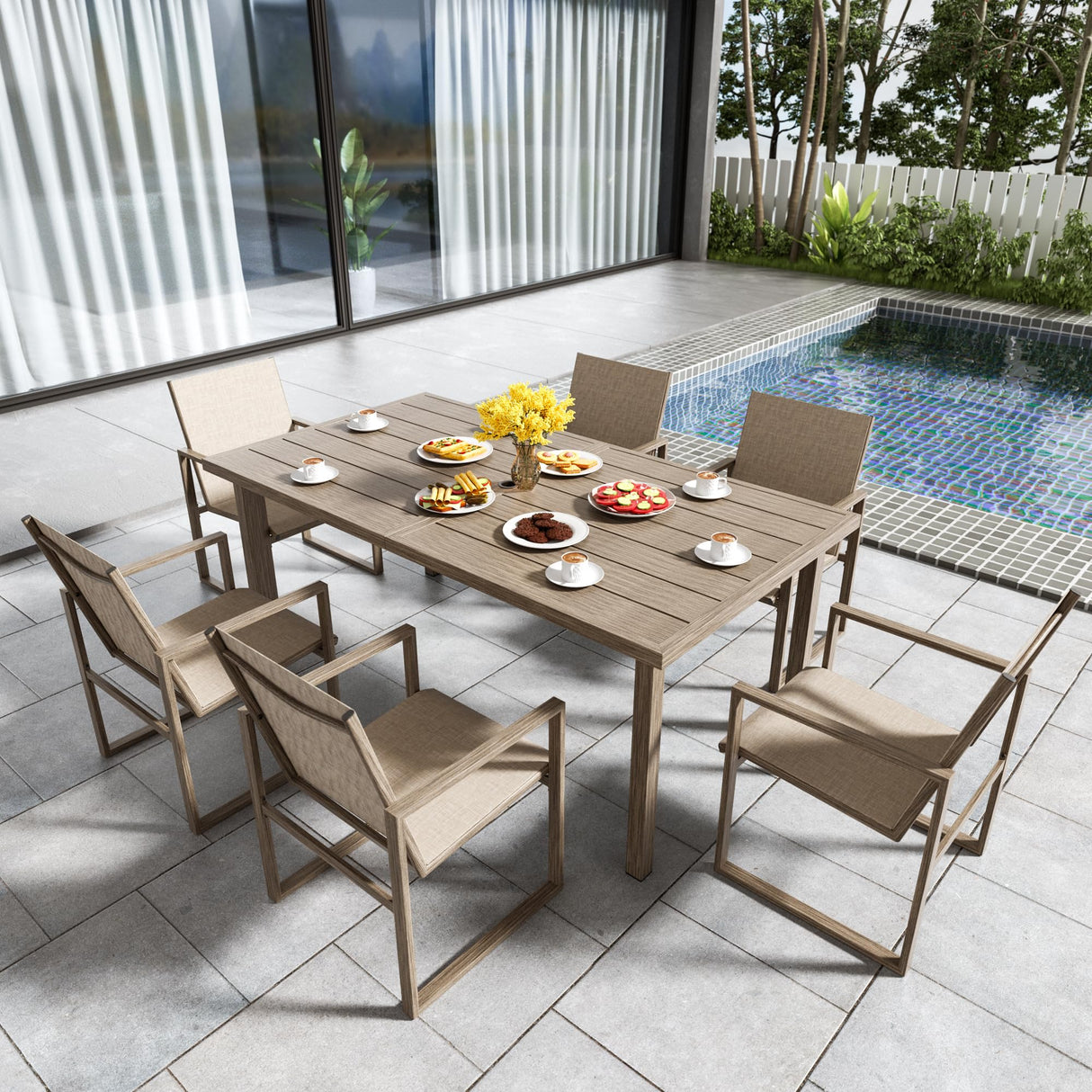 NATURAL EXPRESSIONS 7 Pieces Patio Dining Set Outdoor Furniture,70’’ Dining Table and 6 Sling Chairs with 1.65'' Umbrella Hole for Backyard Garden Poolside Porch NATURAL EXPRESSIONS