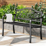 PHI VILLA 43 Inch Cast Iron Steel Frame Outdoor Garden Bench, Patio Furniture Chair Bench w/Floral Design Backrest, Slatted Seat for Park, Yard, Porch - Black PHI VILLA