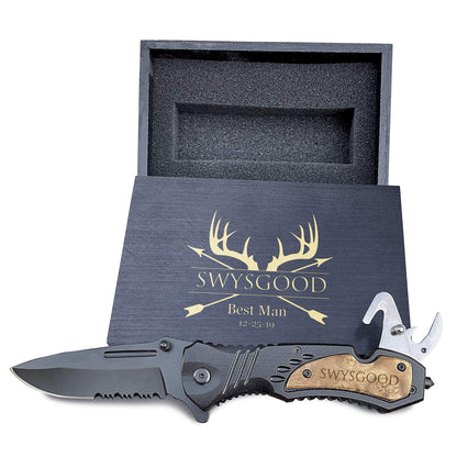 Krezy Case Deer Antlers Design Engraved Pocket Knife, 4.5" Folding Pocket Knife For Men with wooden black box, Laser Engraved Pocket Knife For Men, Hunting Knife - WoodArtSupply