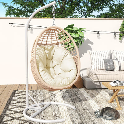 TWT Egg Chair Indoor Outdoor Patio Wicker Hanging Egg Chair Swing Egg Basket Chairs with Stand UV Resistant Cushions 350lbs Capacity for Patio Bedroom Balcony Xmas Gift Beige
