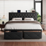 iPormis King Bed Frame with 2 Storage Drawers, Linen Upholstered Headboard Platform Bed with Charging Station, No Box Spring Needed, Metal Slats Support, Noise-Free, Easy Assembly, Black iPormis