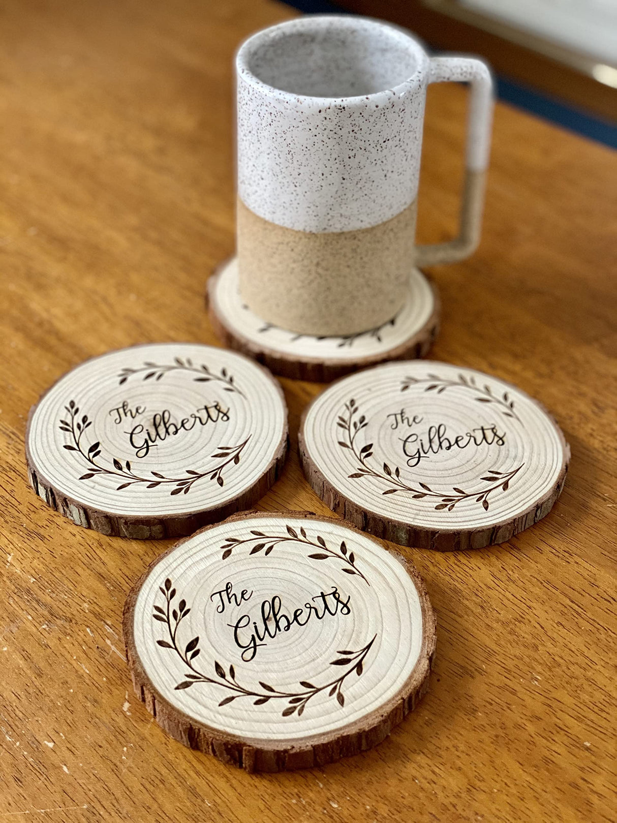 Custom Name Engraved Wood Coaster Set - Set of 4 - Perfect Valentine's Day, Wedding, Engagement, Anniversary, or Christmas Present Generic
